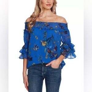 CeCe Printed Off The Shoulder Ruffle Bell Sleeve Blouse Size XS NEW